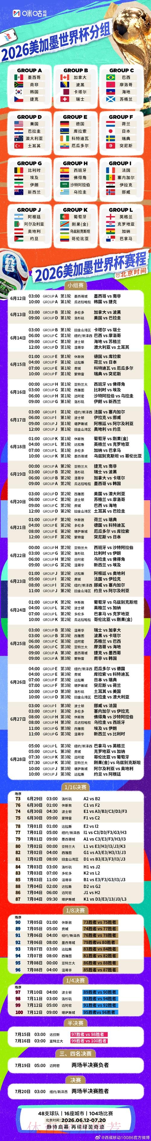 2026世界杯赛程时间表 2026世界杯赛程时间表